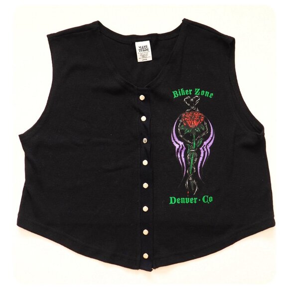 ! VTG Wave Trade Denver Colorado Biker Zone Black Snap Front Sleeveless Top - Picture 1 of 4